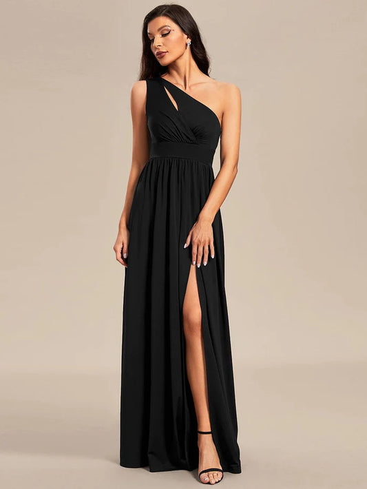 Wholesa One-Shoulder Hollow Out A-line Bridesmaid Dress with High Slit