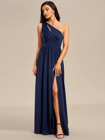 Wholesa One-Shoulder Hollow Out A-line Bridesmaid Dress with High Slit