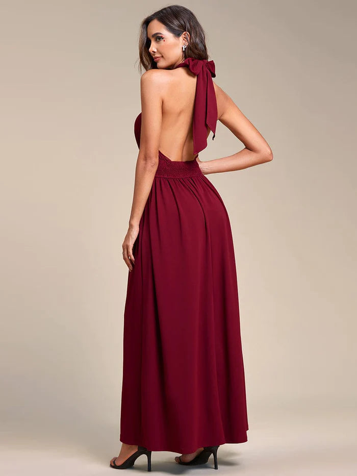 Wholesa Convertible Halter A-Line Waist Tea Length Backless Bridesmaid Dress