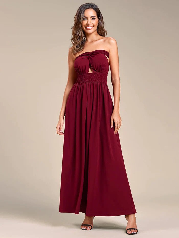 Wholesa Convertible Halter A-Line Waist Tea Length Backless Bridesmaid Dress