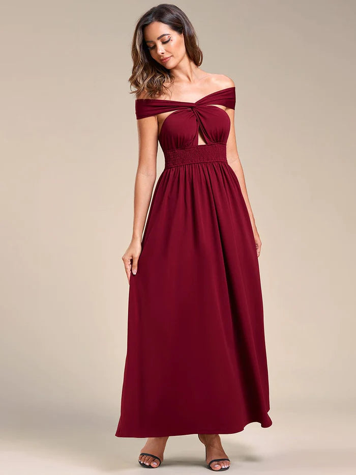 Wholesa Convertible Halter A-Line Waist Tea Length Backless Bridesmaid Dress