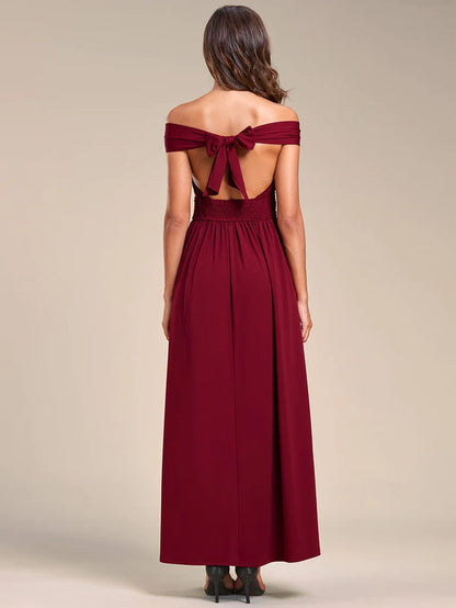 Wholesa Convertible Halter A-Line Waist Tea Length Backless Bridesmaid Dress