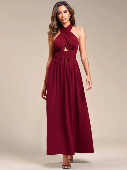 Wholesa Convertible Halter A-Line Waist Tea Length Backless Bridesmaid Dress