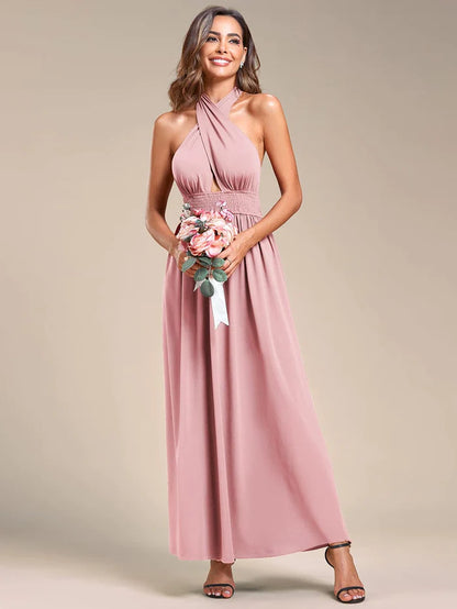 Wholesa Convertible Halter A-Line Waist Tea Length Backless Bridesmaid Dress