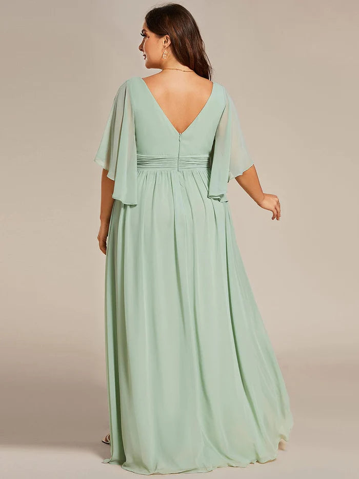 Wholesa Chiffon A-Line Half Sleeves High Slit Bridesmaid Dress