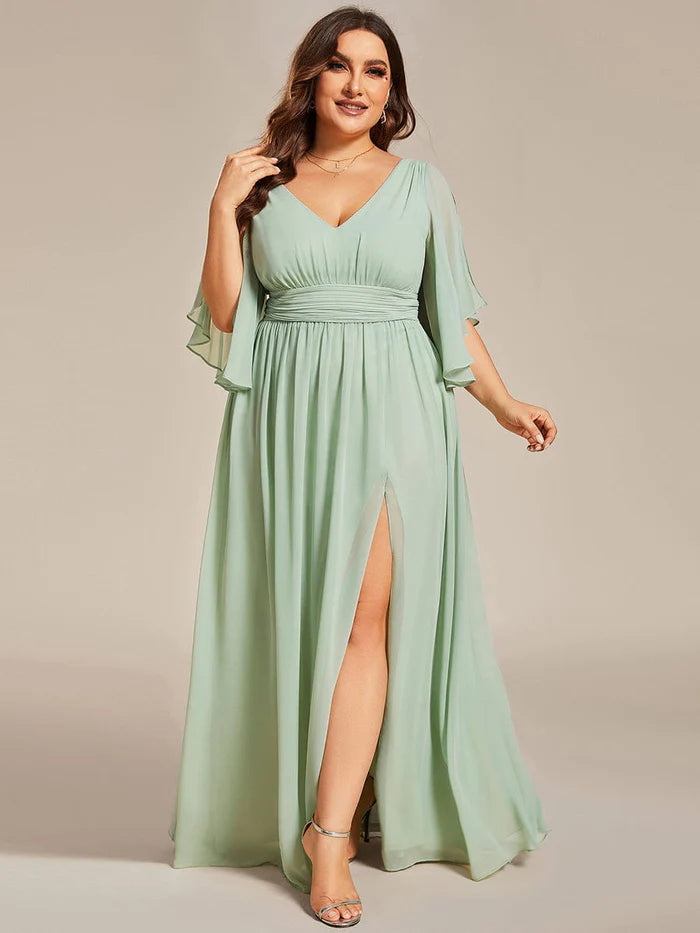 Wholesa Chiffon A-Line Half Sleeves High Slit Bridesmaid Dress