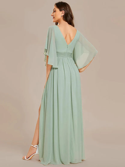 Wholesa Chiffon A-Line Half Sleeves High Slit Bridesmaid Dress