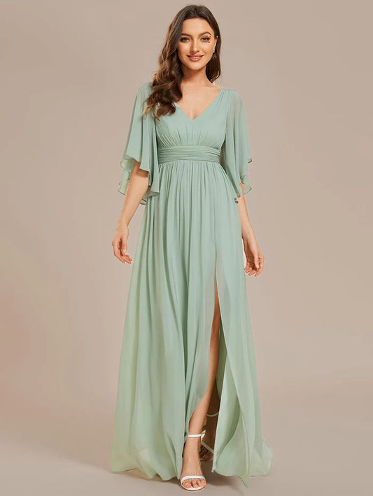 Wholesa Chiffon A-Line Half Sleeves High Slit Bridesmaid Dress