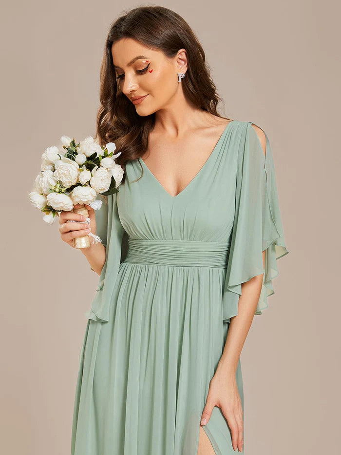 Wholesa Chiffon A-Line Half Sleeves High Slit Bridesmaid Dress