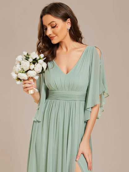 Wholesa Chiffon A-Line Half Sleeves High Slit Bridesmaid Dress