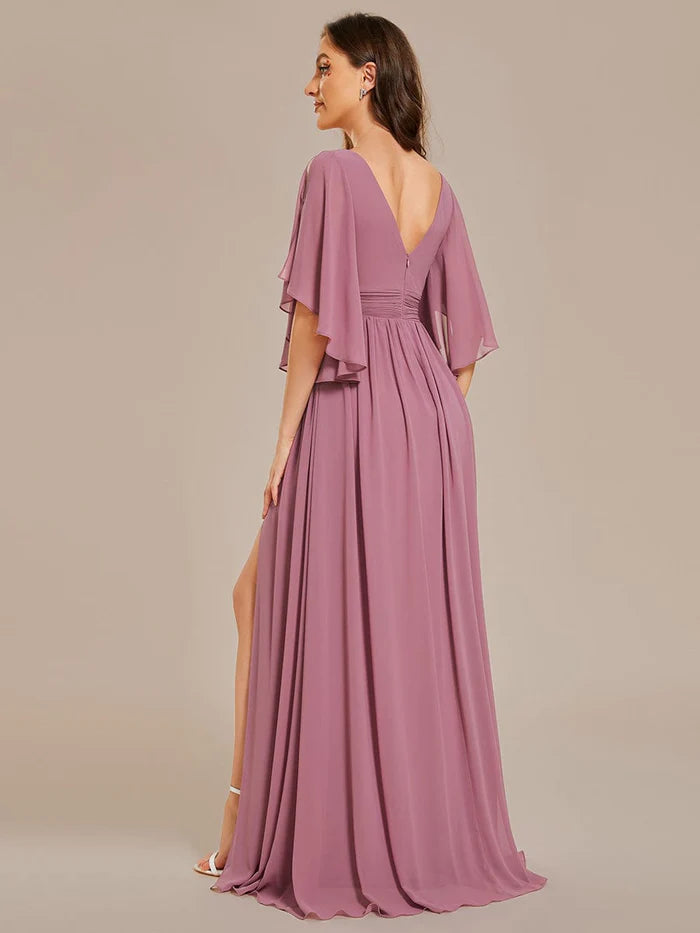 Wholesa Chiffon A-Line Half Sleeves High Slit Bridesmaid Dress