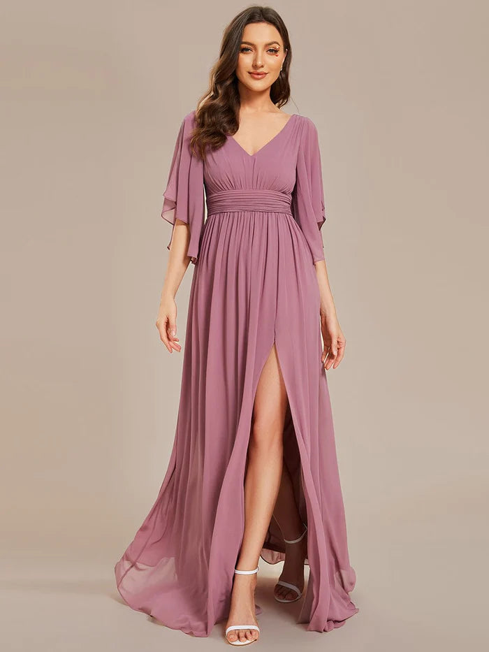 Wholesa Chiffon A-Line Half Sleeves High Slit Bridesmaid Dress