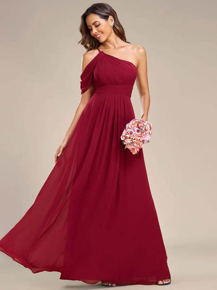 Wholesa One-Shoulder Backless Asymmetric Pleated Chiffon Bridesmaid Dress