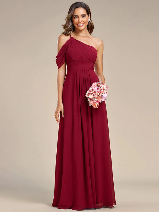 Wholesa One-Shoulder Backless Asymmetric Pleated Chiffon Bridesmaid Dress