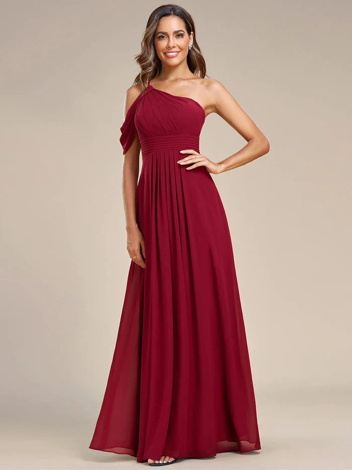 Wholesa One-Shoulder Backless Asymmetric Pleated Chiffon Bridesmaid Dress