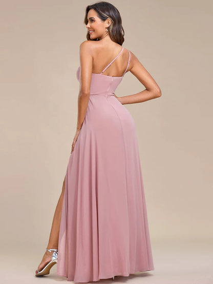 Wholesa Elegant Applique One-Shoulder A-Line Bridesmaid Dress with High Slit