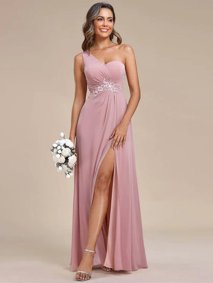 Wholesa Elegant Applique One-Shoulder A-Line Bridesmaid Dress with High Slit