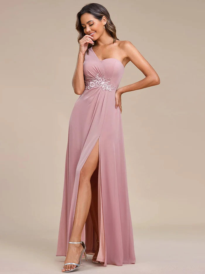 Wholesa Elegant Applique One-Shoulder A-Line Bridesmaid Dress with High Slit