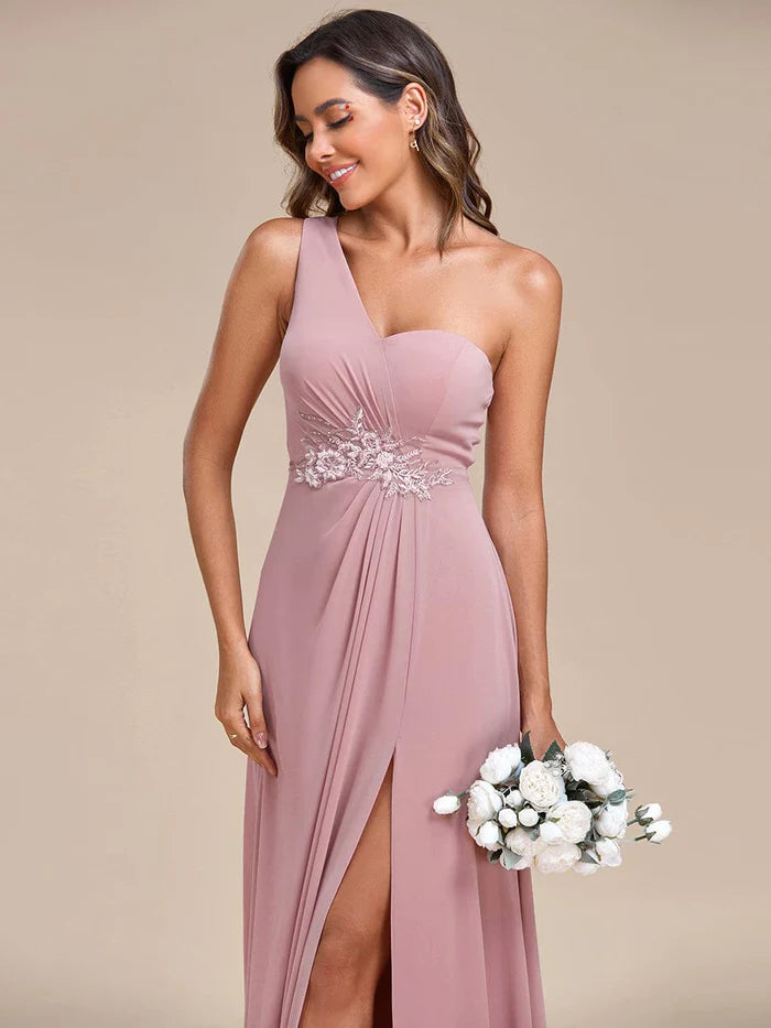 Wholesa Elegant Applique One-Shoulder A-Line Bridesmaid Dress with High Slit