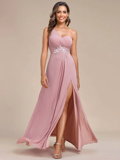 Wholesa Elegant Applique One-Shoulder A-Line Bridesmaid Dress with High Slit