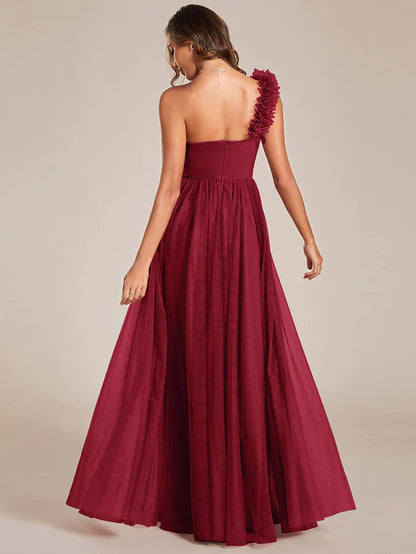 Wholesa Sweetheart Neckline One Shoulder with Floral Tulle High Slit Bridesmaid Dress