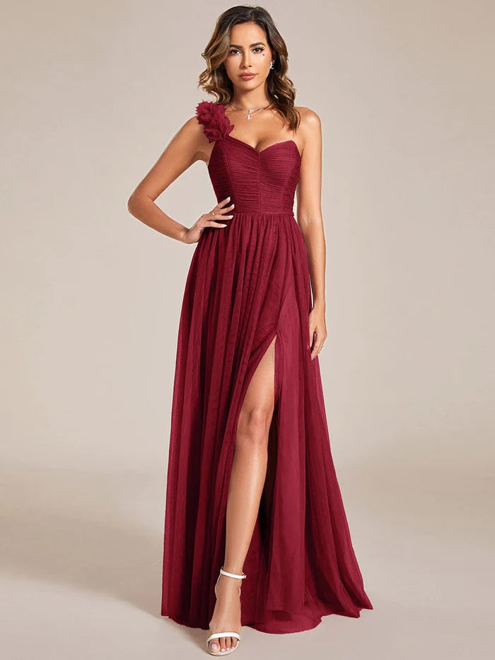 Wholesa Sweetheart Neckline One Shoulder with Floral Tulle High Slit Bridesmaid Dress