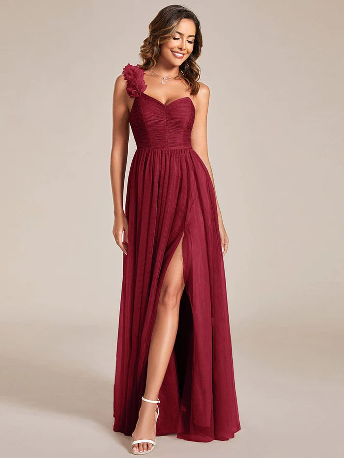 Wholesa Sweetheart Neckline One Shoulder with Floral Tulle High Slit Bridesmaid Dress