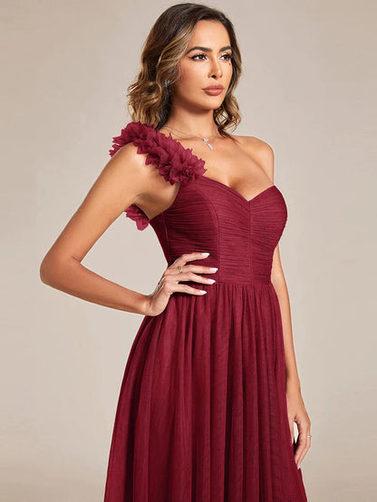 Wholesa Sweetheart Neckline One Shoulder with Floral Tulle High Slit Bridesmaid Dress