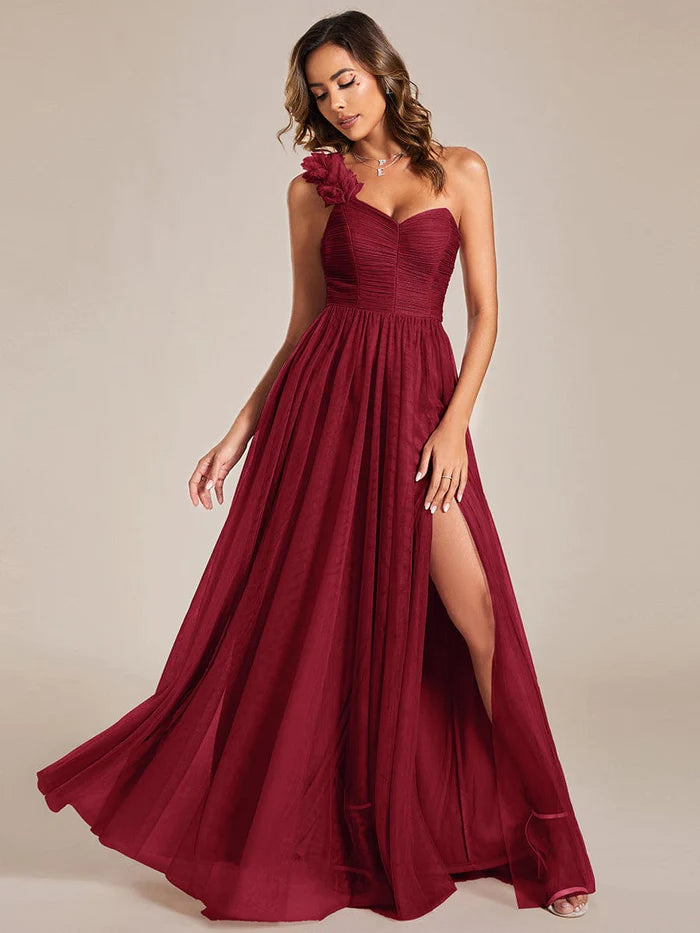 Wholesa Sweetheart Neckline One Shoulder with Floral Tulle High Slit Bridesmaid Dress