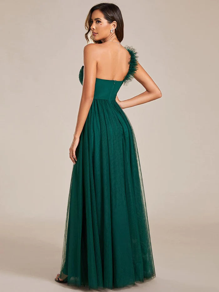 Wholesa Elegant One Shoulder Maxi Tulle High Slit Bridesmaid Dress