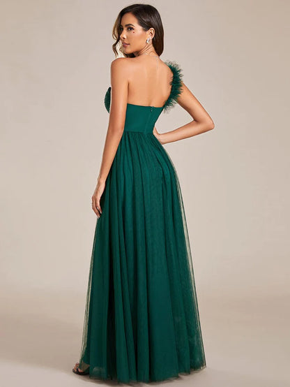 Wholesa Sweetheart Neckline One Shoulder with Floral Tulle High Slit Bridesmaid Dress