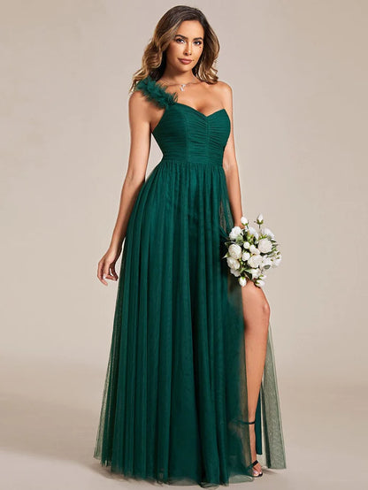 Wholesa Elegant One Shoulder Maxi Tulle High Slit Bridesmaid Dress