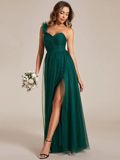 Wholesa Sweetheart Neckline One Shoulder with Floral Tulle High Slit Bridesmaid Dress