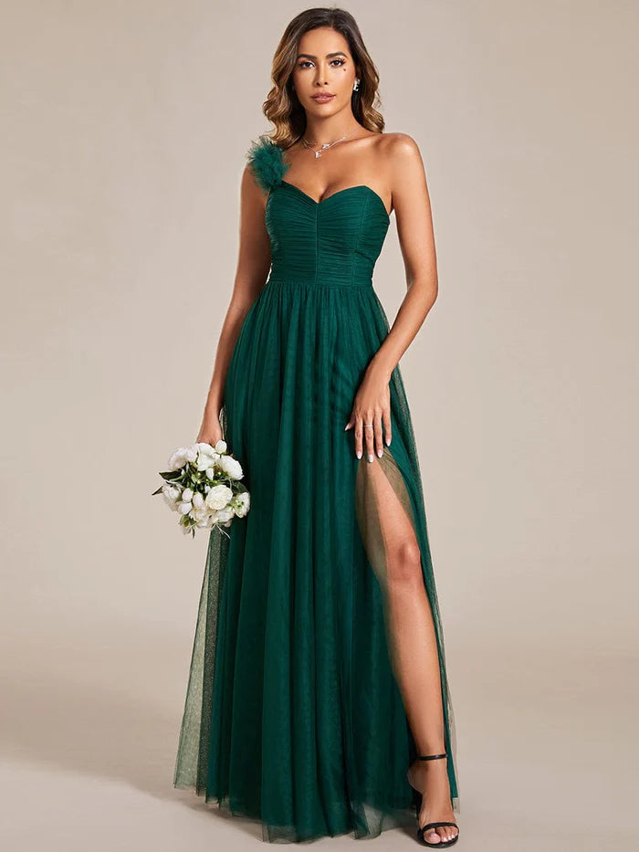 Wholesa Elegant One Shoulder Maxi Tulle High Slit Bridesmaid Dress