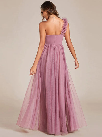 Wholesa Elegant One Shoulder Maxi Tulle High Slit Bridesmaid Dress