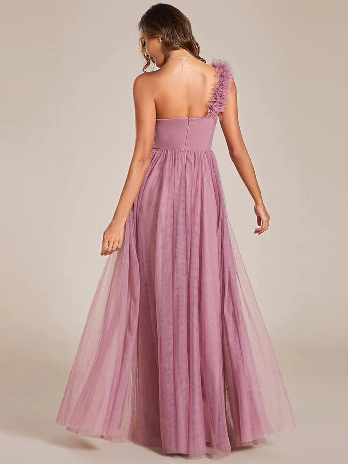 Wholesa Sweetheart Neckline One Shoulder with Floral Tulle High Slit Bridesmaid Dress