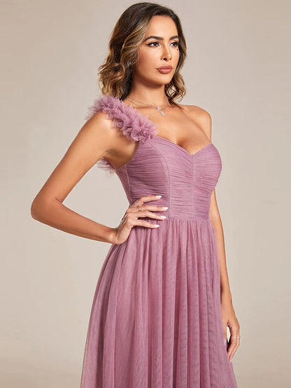 Wholesa Sweetheart Neckline One Shoulder with Floral Tulle High Slit Bridesmaid Dress