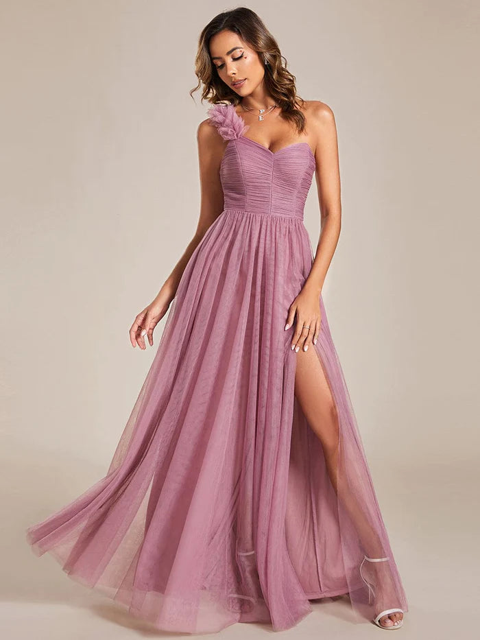 Wholesa Sweetheart Neckline One Shoulder with Floral Tulle High Slit Bridesmaid Dress