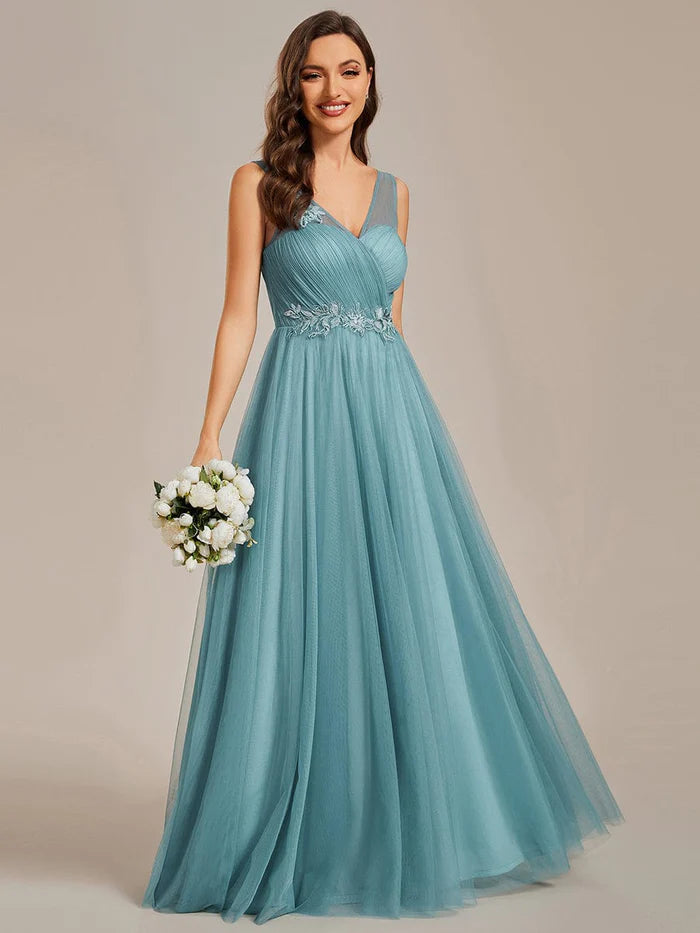 Wholesa Elegant V-Neck Applique Maxi Bridesmaid Dress