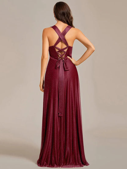 Wholesa Glittery Pleated V-neck Adjustable Back Lace-Up Sleeveless Bridesmaid Dress