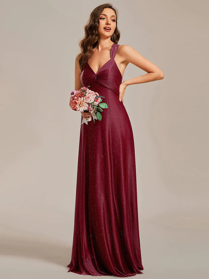 Wholesa Glittery Pleated V-neck Adjustable Back Lace-Up Sleeveless Bridesmaid Dress