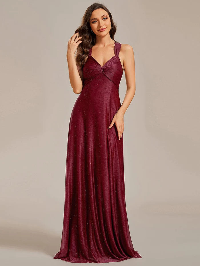 Wholesa Glittery V-Neck Sleeveless Bridesmaid Dress with Adjustable Lace-Up Back