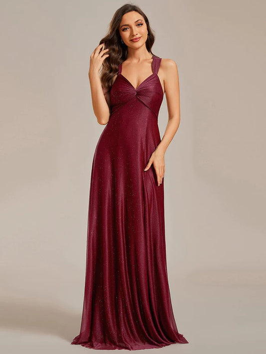 Wholesa Glittery Pleated V-neck Adjustable Back Lace-Up Sleeveless Bridesmaid Dress