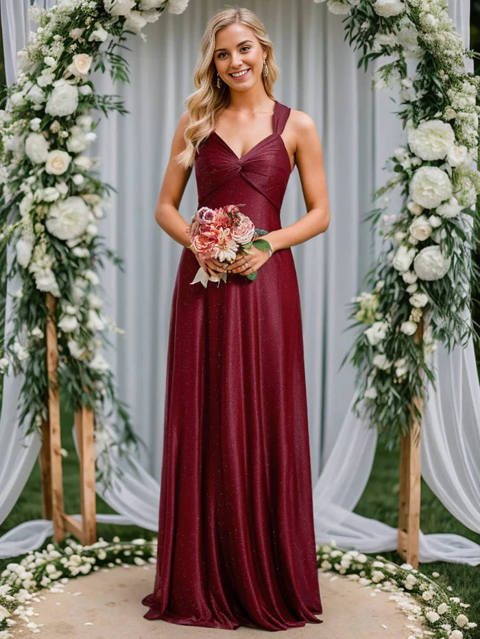 Wholesa Glittery V-Neck Sleeveless Bridesmaid Dress with Adjustable Lace-Up Back