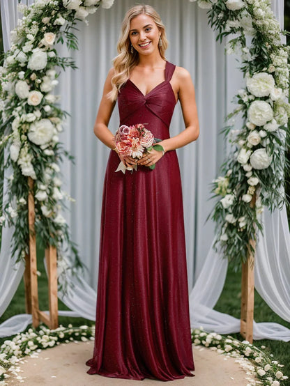 Wholesa Glittery V-Neck Sleeveless Bridesmaid Dress with Adjustable Lace-Up Back