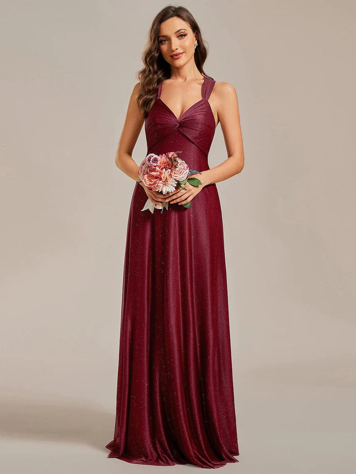 Wholesa Glittery Pleated V-neck Adjustable Back Lace-Up Sleeveless Bridesmaid Dress