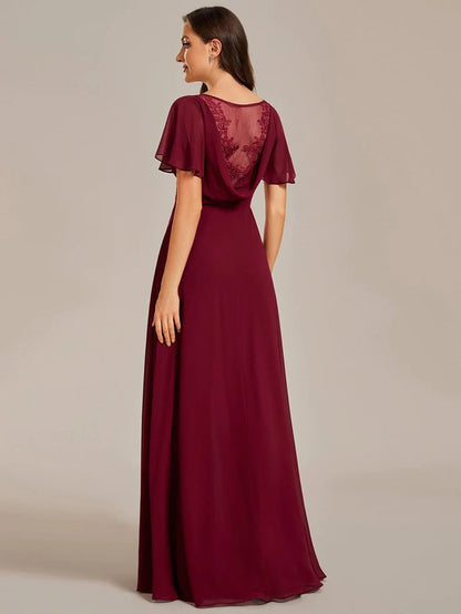 Wholesa Back See-Through Swing Collar Applique Ruffles Sleeve A-Line Evening Dress