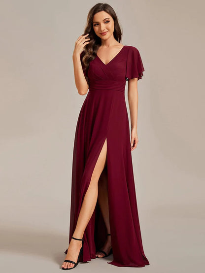 Wholesa Back See-Through Swing Collar Applique Ruffles Sleeve A-Line Evening Dress