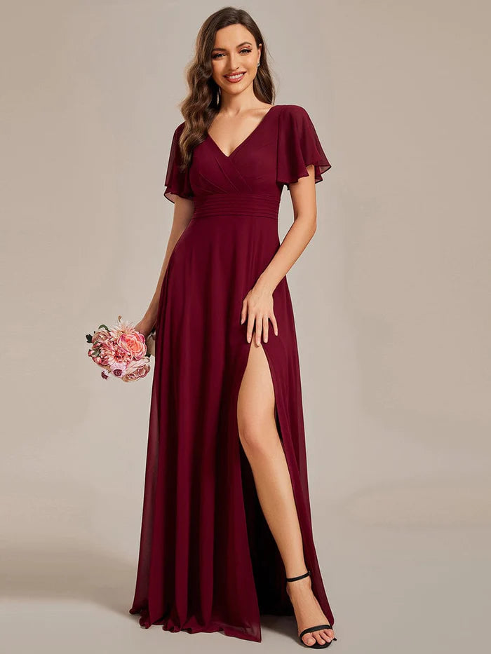 Wholesa See-Through Back Flutter Sleeves High Slit Chiffon Evening Dress