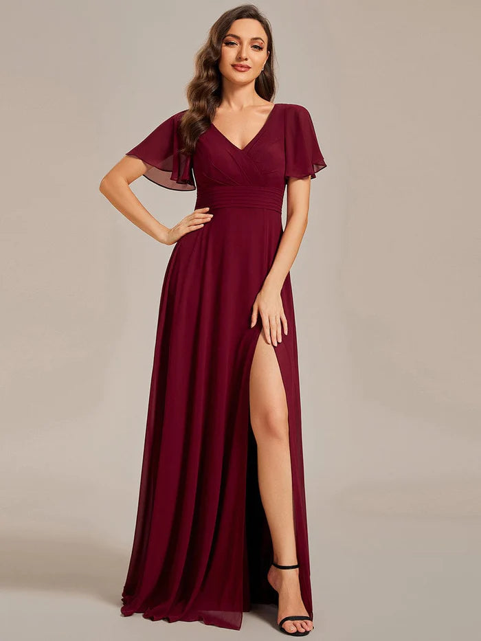 Wholesa Back See-Through Swing Collar Applique Ruffles Sleeve A-Line Evening Dress